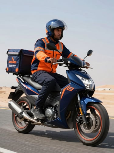 Dynamic low-angle shot of a professional courier rider on a modern motorbike in Abu Dhabi, bright midday desert light, deep navy and high-visibility orange accents, crisp focus, 35mm
