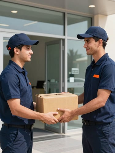 A professional courier rider in clean navy gear handing over a parcel at a modern Abu Dhabi office entrance, bright midday light, crisp focus, 35mm