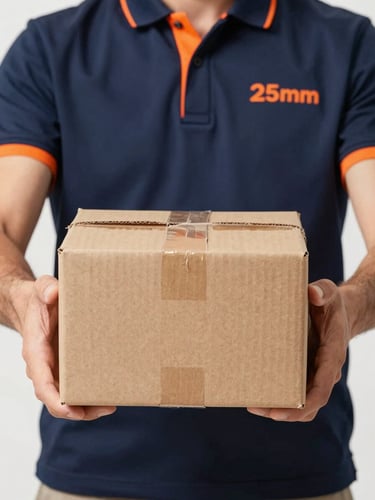Close-up of hands exchanging a cardboard parcel with a professional courier in branded gear, clean studio lighting, crisp focus, 35mm