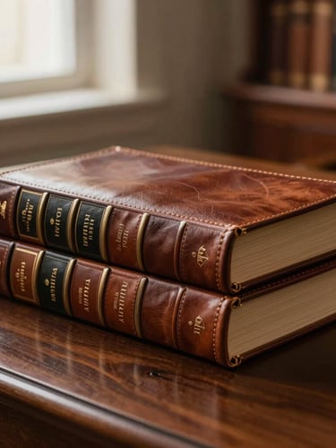 Close-up of leather-bound legal volumes on a dark wood desk, soft warm light from a nearby window, professional chamber setting