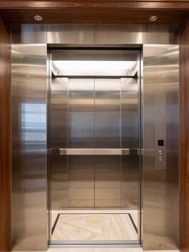 A premium residential elevator with mirror-finish stainless steel cabin walls integrated into a luxury Bangalore villa interior, warm wood accents, 35mm lens