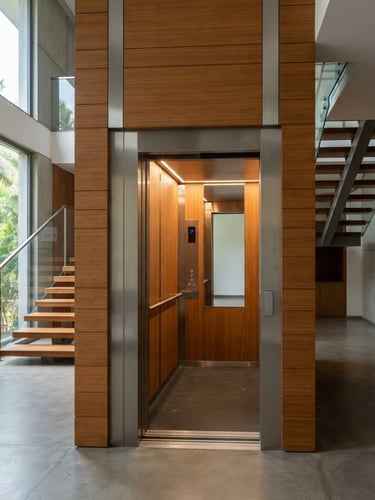 Architectural photography of a minimalist home elevator cabin with brushed steel and warm wood panels integrated into a modern multi-storey Bangalore villa interior, soft natural light, 35mm lens.