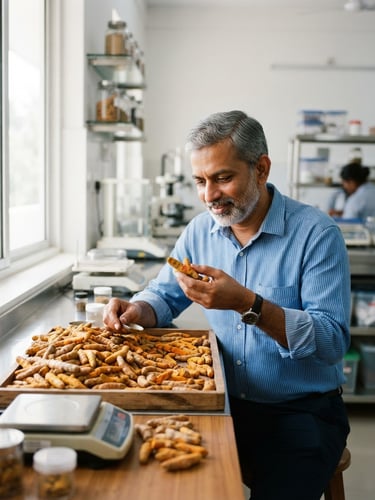 Crisp editorial portrait of an Indian spice exporter inspecting raw turmeric fingers in a clean, brightly lit quality control room, 35mm.