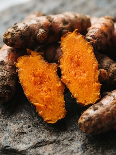 Macro shot of raw turmeric fingers showing deep orange interiors on a stone surface, bright natural daylight, crisp focus
