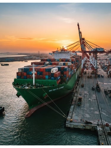 Crisp editorial photography of a massive green container ship docked at a modern Indian port during sunrise, sharp focus, 35mm