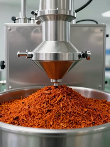 Pristine stainless-steel processing machinery in a bright, clean modern spice processing facility, sterile environment, sharp focus