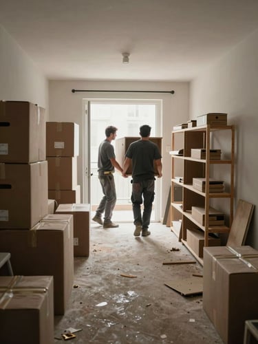 Wide environmental shot, morning overcast light, a cramped apartment living room mid-clearance — stacked boxes, a dismantled shelf, two workers in work clothes lifting furniture toward the door, dust visible in the air, raw documentary framing
