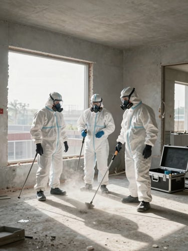 Wide environmental shot of a specialized cleaning crew in full PPE — white hazmat suits, respirator masks, industrial sprayers — working inside a recently completed construction shell, morning light filtering through unfinished window openings, concrete dust still settling on the floor, equipment cases open to the right