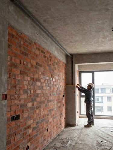 Wide shot of a building interior mid-strip: exposed brick wall on the left, new electrical conduit runs along the ceiling, a worker in work clothes measuring a structural beam, natural overcast daylight, documentary framing