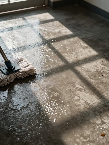 Close-up overhead view of a freshly cleaned industrial floor, mop head mid-stroke visible at left edge, natural morning light from a high window casting long shadows across the wet surface, no people visible, documentary framing
