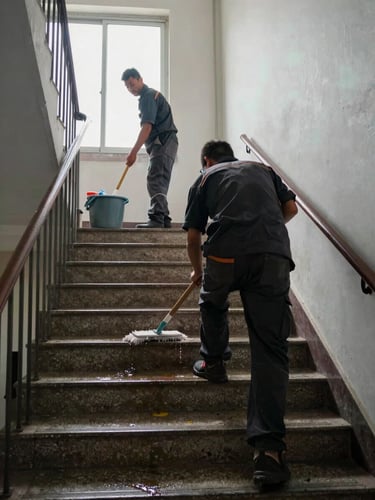 Documentary wide shot of two workers in dark workwear mopping a building stairwell, natural daylight from a side window, mop bucket and cleaning supplies visible on the landing, stone steps showing wet-clean contrast, no posed eye contact