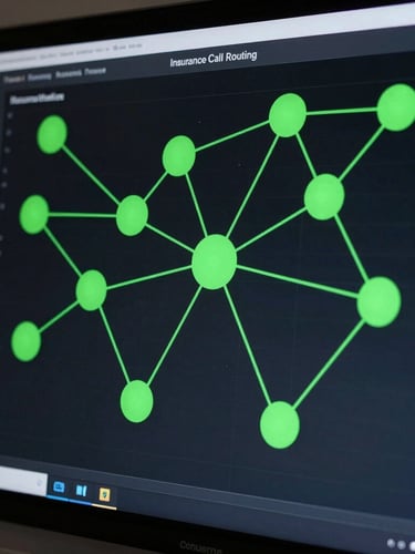 Macro shot of a real-time insurance call routing dashboard, showing active connection nodes in electric green, crisp dark UI, high contrast, studio lighting.