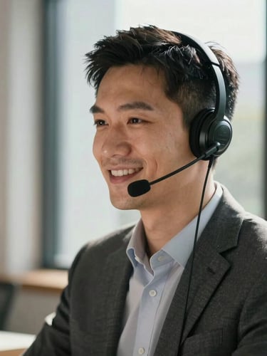Tight environmental portrait of a professional US-based sales agent wearing a modern headset, smiling naturally in soft daylight next to a window, high contrast.