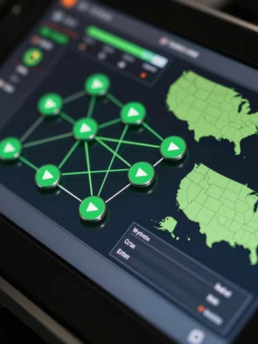 Macro shot of a dark high-performance routing dashboard interface, displaying active green call nodes, live connection metrics, and US regional map highlights, cool high contrast.