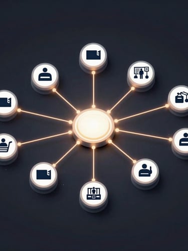 Isometric vector diagram of a clean network routing flow with glowing nodes, showing paths connecting US consumer icons to sales floor icons, sharp focus, dark background.