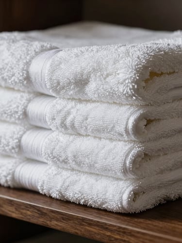 Macro shot of folded white luxury towels stacked neatly on a dark wooden shelf, soft side lighting highlighting the fluffy cotton fibers