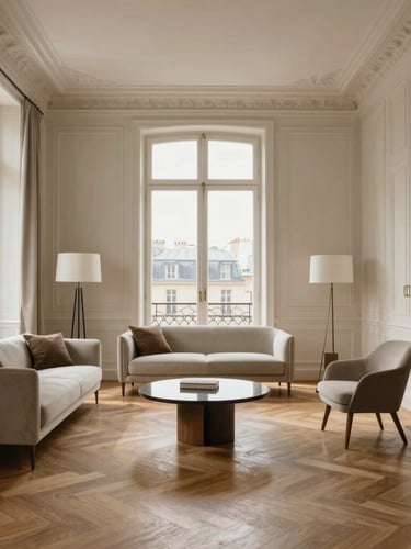 Elegant medium shot of a prestigious Parisian apartment interior with high ceilings, soft natural daylight illuminating chevron parquet floors and minimalist luxury furniture, no people.