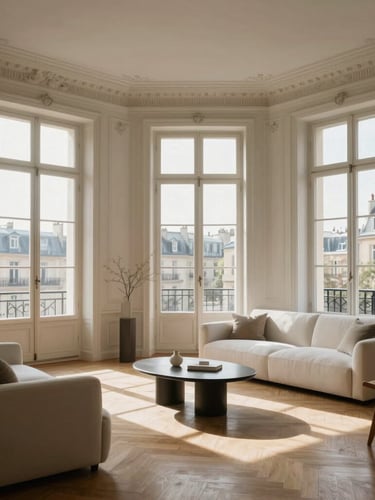 Elegant medium shot of a sunlit Parisian living room with high ceilings, delicate crown molding, light oak herringbone floors, and refined minimalist furniture. Soft, diffused natural daylight streaming through tall French windows.