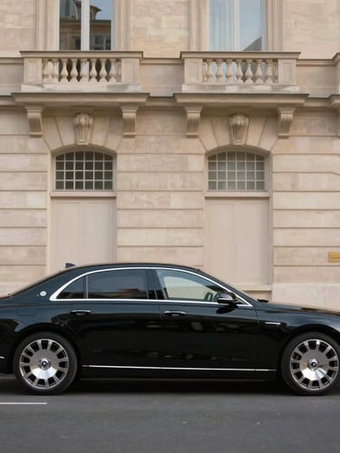 Side view of a pristine black luxury sedan parked under soft morning light, clean architectural lines of a Parisian building in the background, elegant and quiet luxury.
