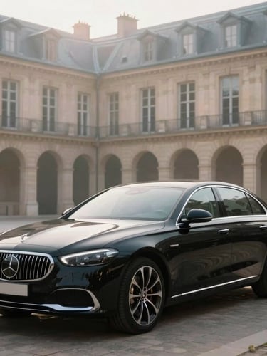 Portrait elegant shot of a modern luxury black sedan parked in a quiet historic courtyard in Paris, soft morning mist, diffused light, focus on the clean lines of the vehicle.