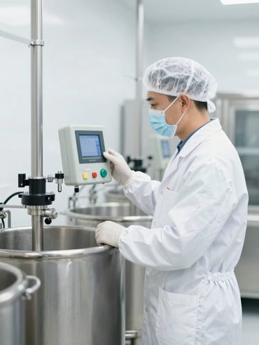 A professional food safety technician in white sterile gear monitoring digital controls next to clean stainless steel processing vats, bright high-key daylight, sharp focus.