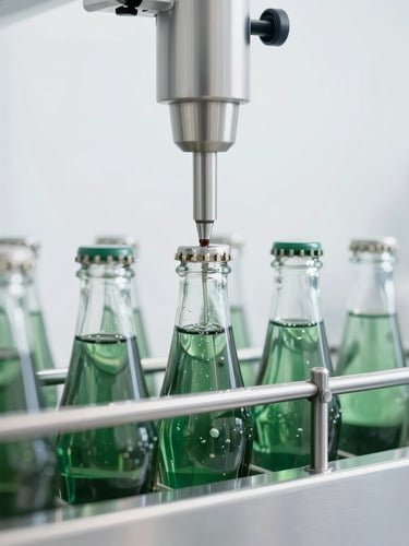 Sharp macro shot of an automated stainless steel bottling line filling glass bottles under bright, high-key white light, sterile clinical environment