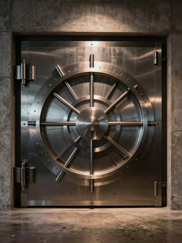 Sleek architectural photography of a heavy steel vault door inside a modern concrete facility, low-key dramatic lighting with a subtle amber glow, sharp focus, 35mm
