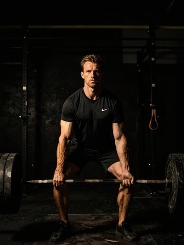 Portrait of Coach Walter Roth in a raw, minimalist gym, intensely focused while demonstrating a heavy lift, dramatic low-key lighting with gold highlights, 35mm