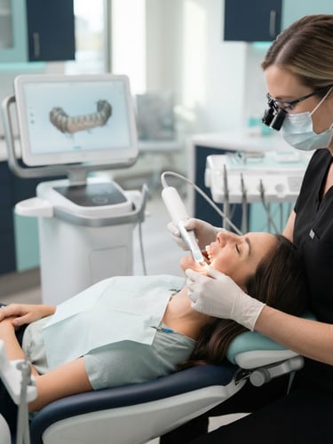 Professional editorial photography of a modern clinical dental setup with a digital scanner under bright, clean studio lighting with soft teal highlights.