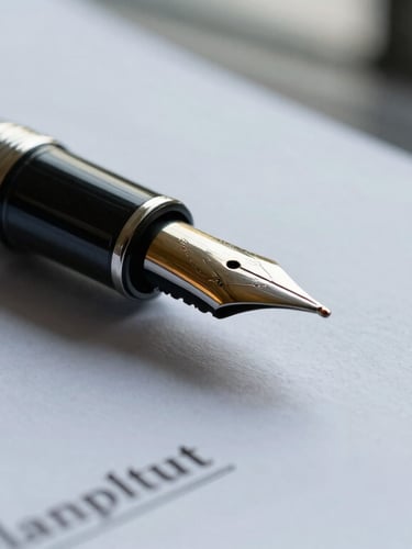 Extreme close-up of a high-quality fountain pen resting on a clean financial restructuring document, cool overcast daylight from a high-rise window, shallow depth of field.