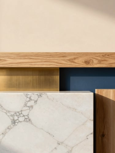 Close-up of premium materials, white Calacatta marble slab paired with brushed brass and raw oak wood, soft side daylight, clean architectural composition