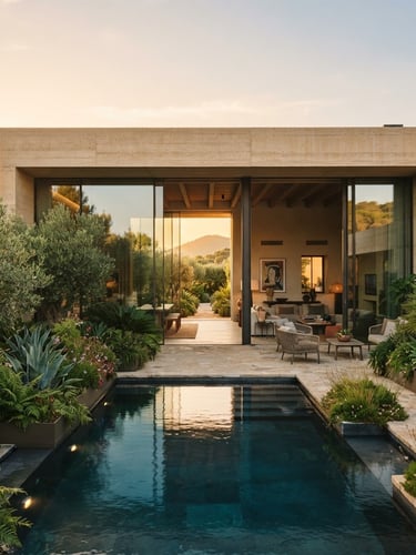 Straight-on architectural shot of a modern concrete villa opening seamlessly to a lush structured garden, golden hour light, warm beige tones.