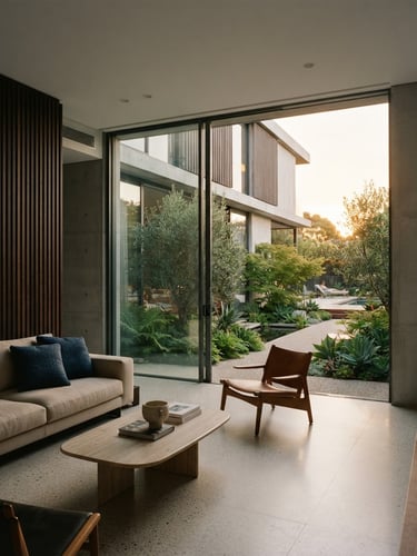 Minimalist concrete and glass villa interior transitioning seamlessly to a lush modern courtyard garden, soft golden sunset light, architectural lines, high-end luxury feel, 35mm photography.
