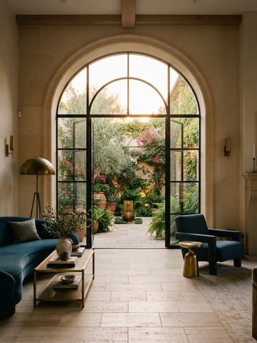 Straight-on architectural shot of a luxury interior opening to a courtyard garden, golden-hour light, warm beige stone, brass details, editorial 35mm photography