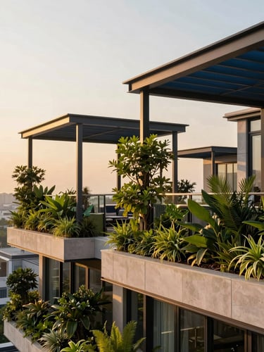 Warm editorial photograph of a modern penthouse terrace, lush green vertical gardens, sleek dark metal pergolas, soft warm twilight lighting