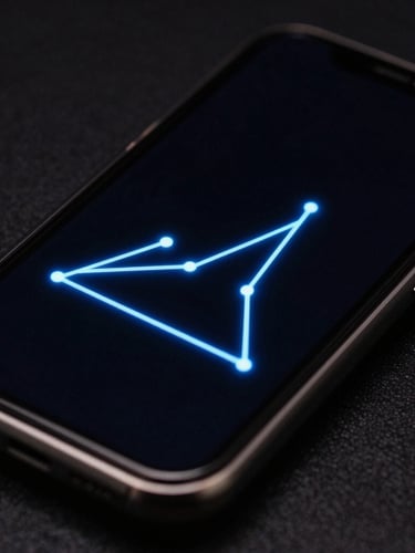 Macro close-up of a mobile screen showing a minimalist physics puzzle with glowing electric-blue lines on a deep black background, sharp focus, low-key studio lighting.