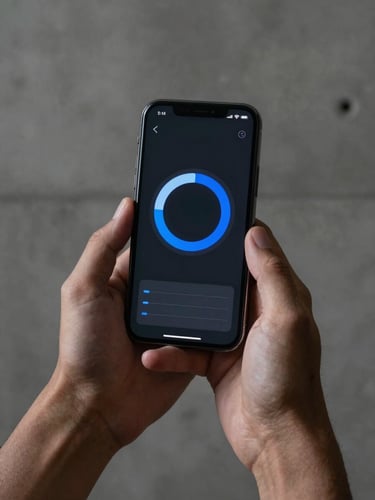 Hands holding a minimalist smartphone in a dimly lit concrete studio, displaying a clean, dark-mode habit tracker UI with electric-blue progress rings
