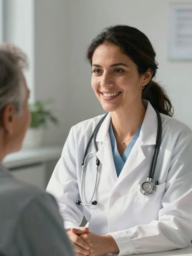 A warm, sunlit medium shot of a Hispanic female doctor smiling and listening intently to an elderly patient in a clean, modern medical office.