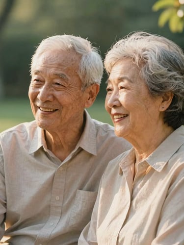 Dignified senior couple smiling warmly in soft golden hour sunlight, sitting together in a refined garden setting, shallow depth of field.