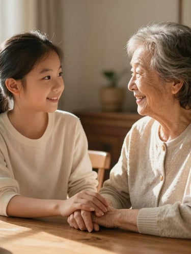 Warm natural sunlight illuminating a daughter holding her elderly mother's hand on a wooden table, soft focus on their smiling faces, elegant home environment.