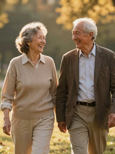 A warm golden hour portrait of an active senior couple walking in a sunlit park, laughing, shallow depth of field, premium and dignified atmosphere.