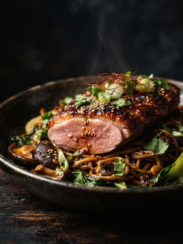Close-up of a meticulously plated five-spice duck dish, dramatic side-lighting, dark background, steam rising, rich warm tones, macro lens, shallow depth of field.