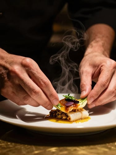 Close-up, dramatic side-lit shot of a chef's hands meticulously plating a fusion dish, steam gently rising, dark background, warm brass accents on the counter.