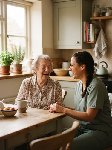 A warm editorial photograph of an elderly woman laughing with a female caregiver in a sunlit kitchen, soft natural window light, shallow depth of field