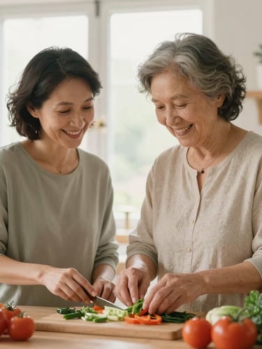A senior woman and a female companion smiling together while prepping fresh vegetables in a bright, warm kitchen, soft morning light, cozy domestic setting