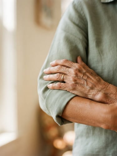 Intimate close-up of an elderly hand resting gently on a caregiver's arm, warm natural window light, soft sage and cream tones, shallow depth of field