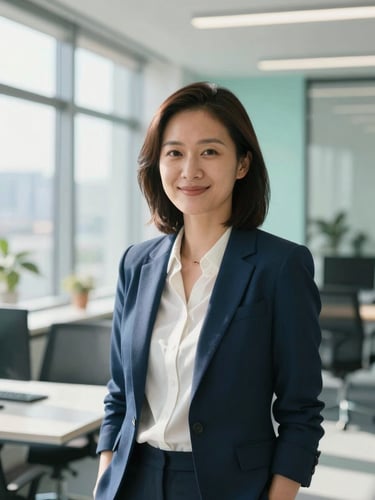 Modern editorial photography, bright natural office daylight, professional headshot of a marketing strategist in a sunlit co-working space, cool corporate blue and mint tones, 35mm.