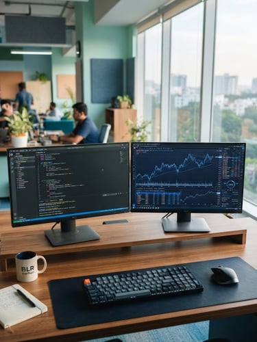 A sleek, modern Bangalore startup office during morning hours. On a wooden desk, a dual-monitor setup displays clean code and financial charts. Soft morning sunlight streams through large windows, creating a bright, professional atmosphere with cool blue and mint tones.
