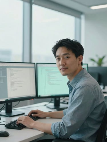 Modern editorial photography, bright natural office daylight, professional headshot of a tech director near dual monitors displaying clean code, cool corporate blue and mint tones, 35mm.