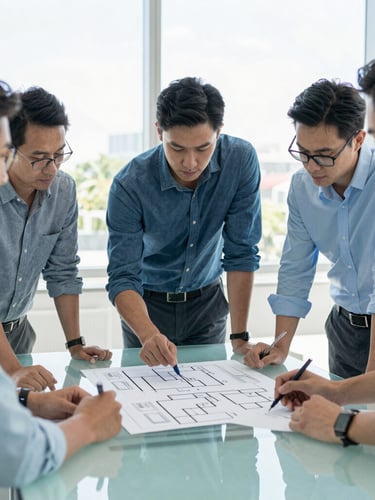Modern editorial photography, bright natural office daylight, collaborative team huddle over system flowcharts on a glass table, cool corporate blue and mint tones, 35mm.